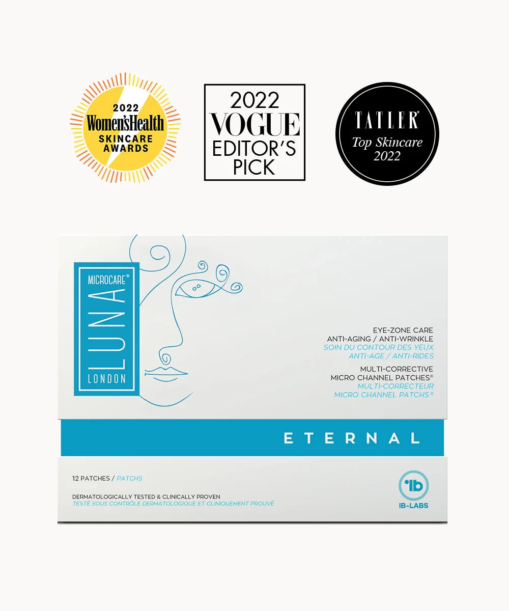 Packaging of Eternal Hydrating Under-Eye Patches with recognition badges from Vogue and Women's Health magazines.