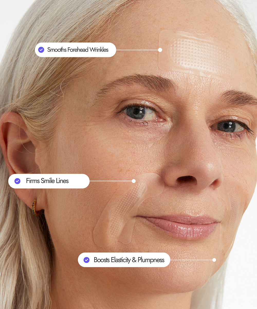 Close-up of a woman's face with text labels indicating the effects of a skincare product on her skin.